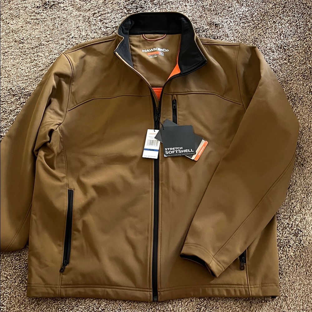Hawke & Co Brown Softshell Jacket with Black Trim and Orange Accents